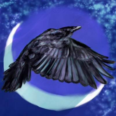 a crow in flight over a starry night and crescent moon