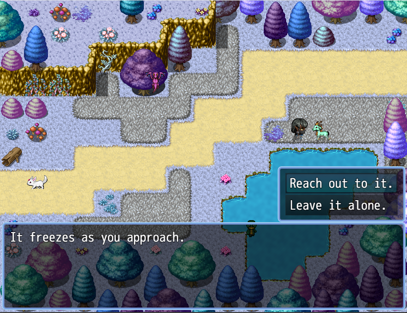 A screenshot from Salkere. You are interacting with a deer-like creature. The options are Reach out to it and Leave it alone.