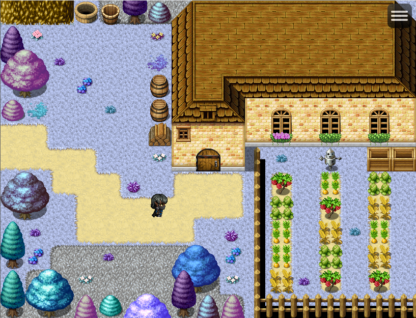 A screenshot from Salkere showing a building with a neat garden out front full of produce.