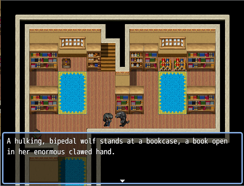 A screenshot from Salkere. You are inside a library talking to a werewolf who is holding a book.