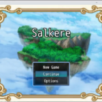 screenshot of the RPG Maker game Salkere, showing the menu with a floating sky island.