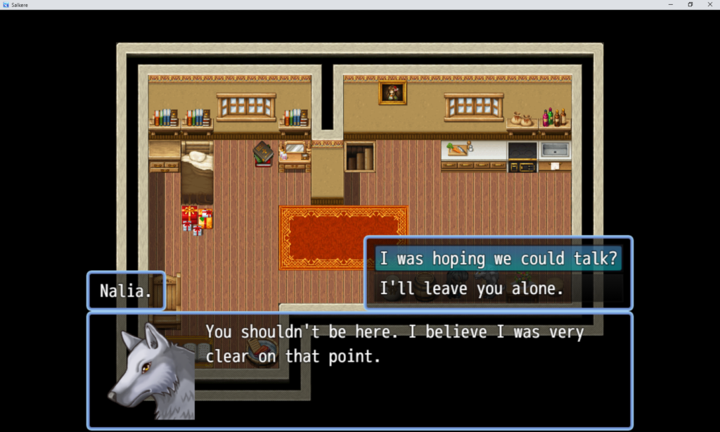 Screenshot from Salkere. Shows a werewolf named Nalia speaking to you, and that you've got dialogue options to respond.
