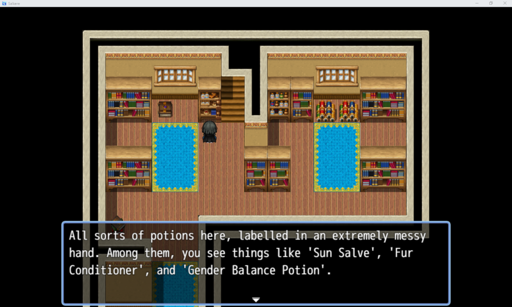 A screenshot from Salkere, showing the player interacting with a bookcase of potions which brings up a text display describing the potions and how the character feels about them.