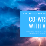A stormy sky. Fantasy Author Victoria Corva Co-Writes with an AI. Streaming Novel AI on twitch.tv/vicorva Wednesdays at 2pm BST.