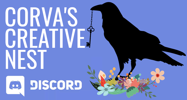 Corva's Creative Nest Discord. A crow holding a key on a nest of flowers.
