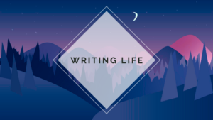 an illustrated moonlit mountain scene captioned 'writing life'