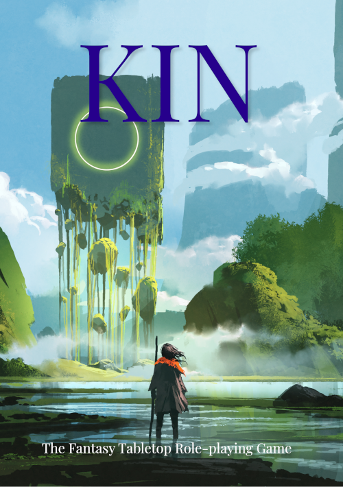 Cover for Kin: The Fantasy Tabletop Roleplaying Game. Image shows a cloaked figure standing on marshy grounds gazing up at a floating, crumbling obelisk with a glowing circle carved onto it.