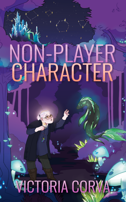Non-Player Character by Victoria Corva. A glowing night-time forest with poly dice constellations in the sky. A glowing person nervously reaches out to a floating seal creature.