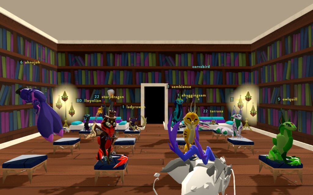 Screenshot from Feral showing the creatures gathered in a library for the reading.