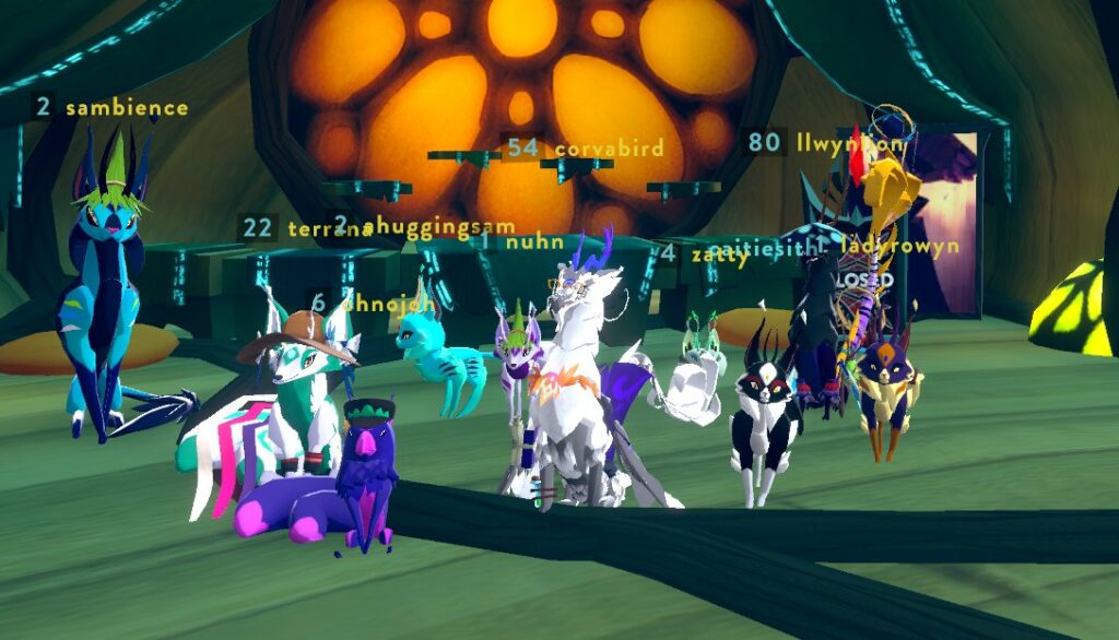 group photo with names showing all the creature avatars of the attendees sitting together at the end