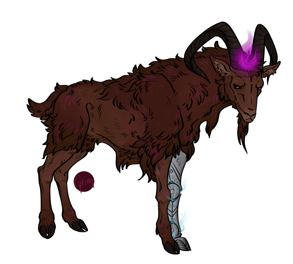 a brown goat with a prosthetic leg and magenta starfire.